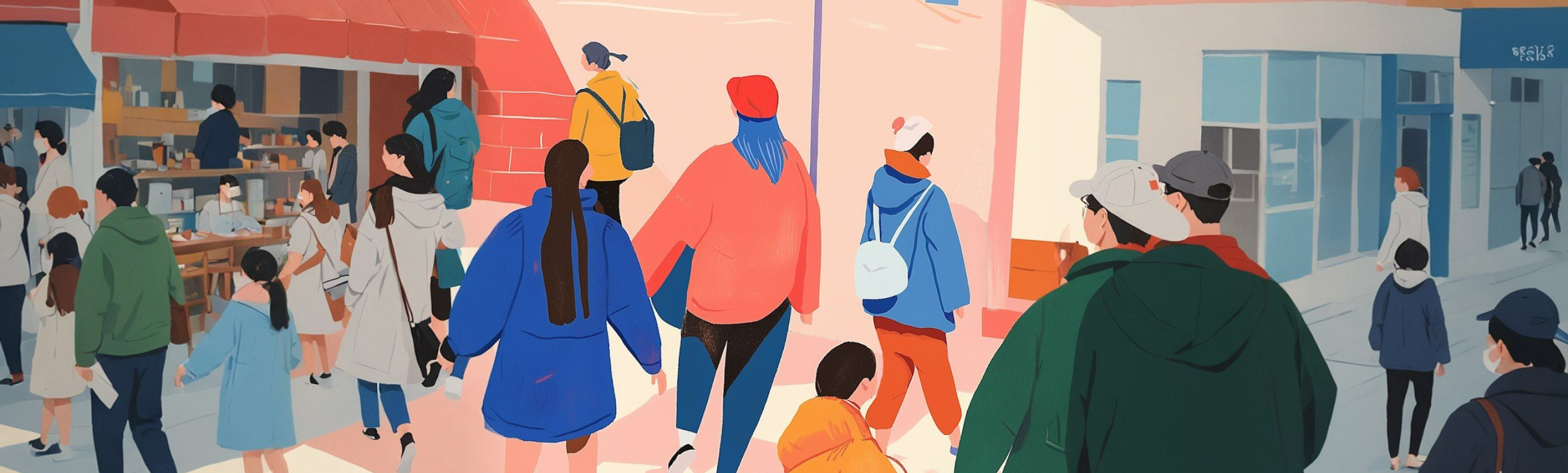Colorful illustration of people walking in a city, featuring vibrant clothing and a lively urban backdrop.